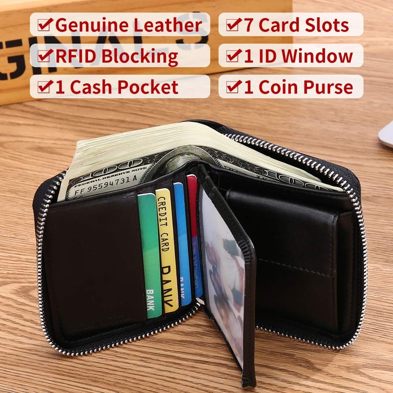 FALAN MULE محفظة فالن مولي للرجال جلد طبيعي قصيرة مع حجب RFID بسحاب حول محفظة ثنائية الطي (أسود) - Image 4